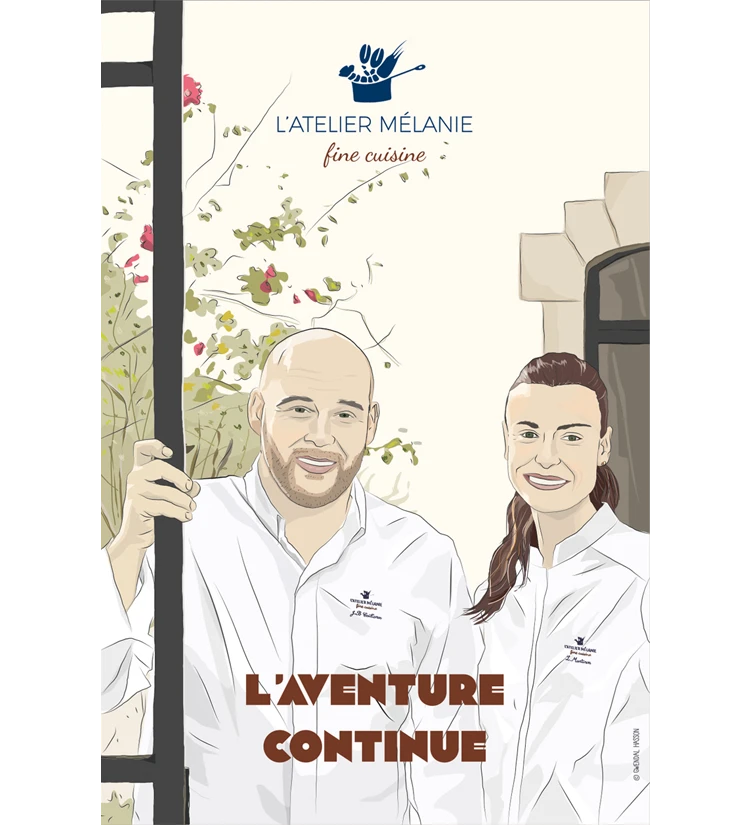 Affiche illustrée du couple du restaurant L'Atelier Mélanie